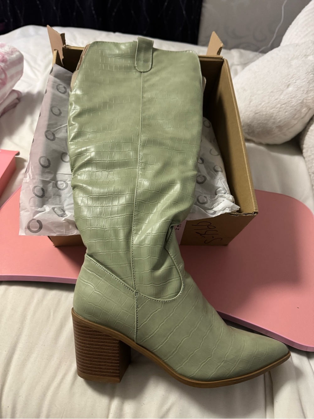 Journee Collection Light Green Croc-Texture Block Heel Knee Boot - Women